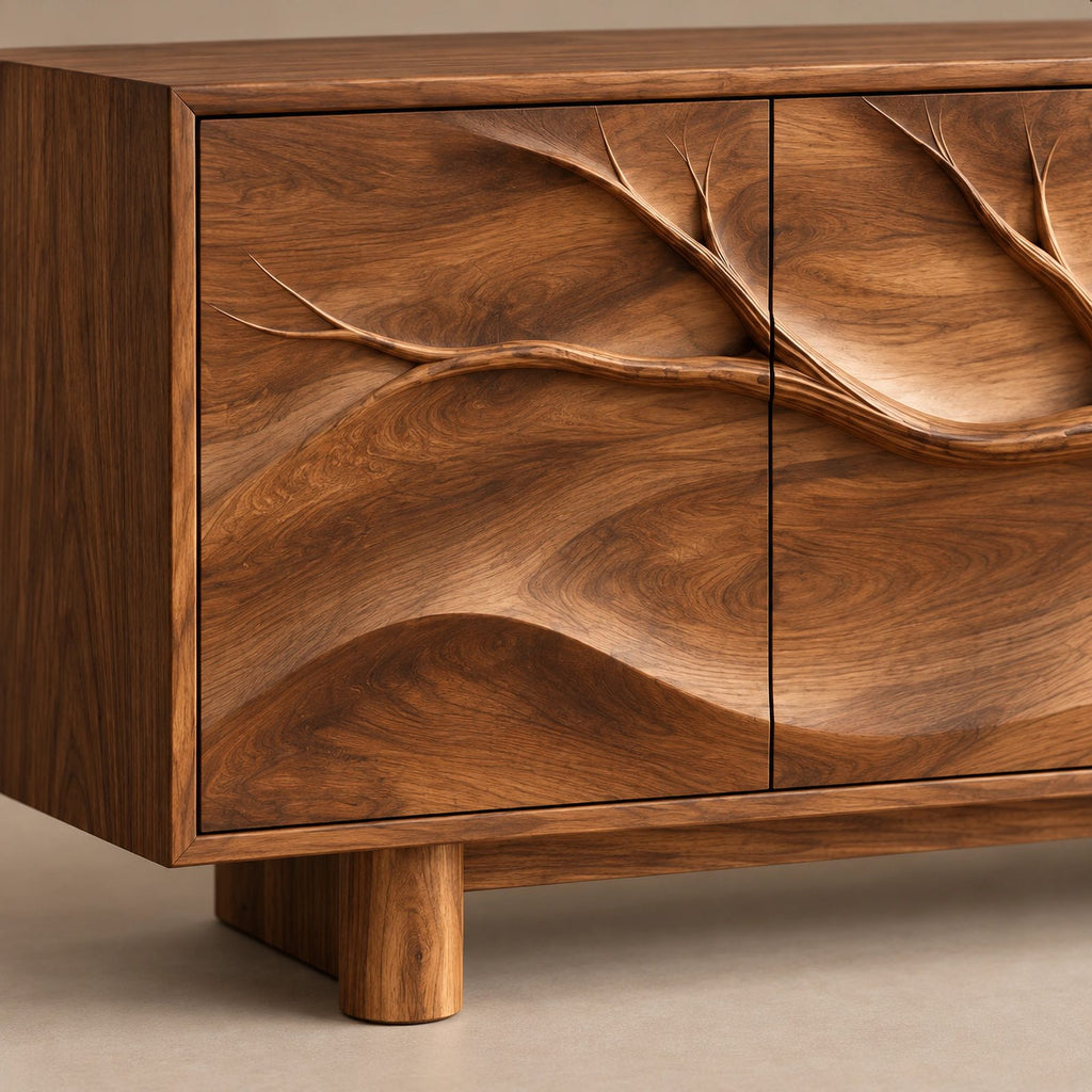 Handcrafted Branch Carved Sideboard With Cylinder Legs For Dining Room