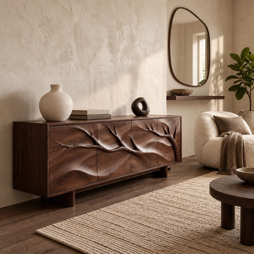 Handcrafted Branch Carved Sideboard With Cylinder Legs For Dining Room