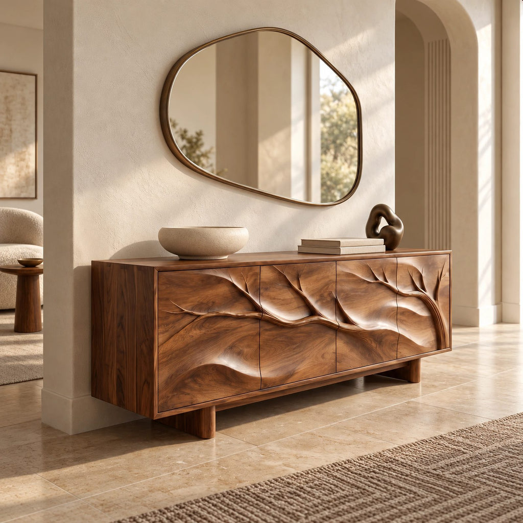 Handcrafted Branch Carved Sideboard With Cylinder Legs For Dining Room