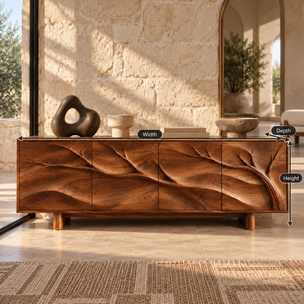 Handcrafted Branch Carved Sideboard With Cylinder Legs For Dining Room