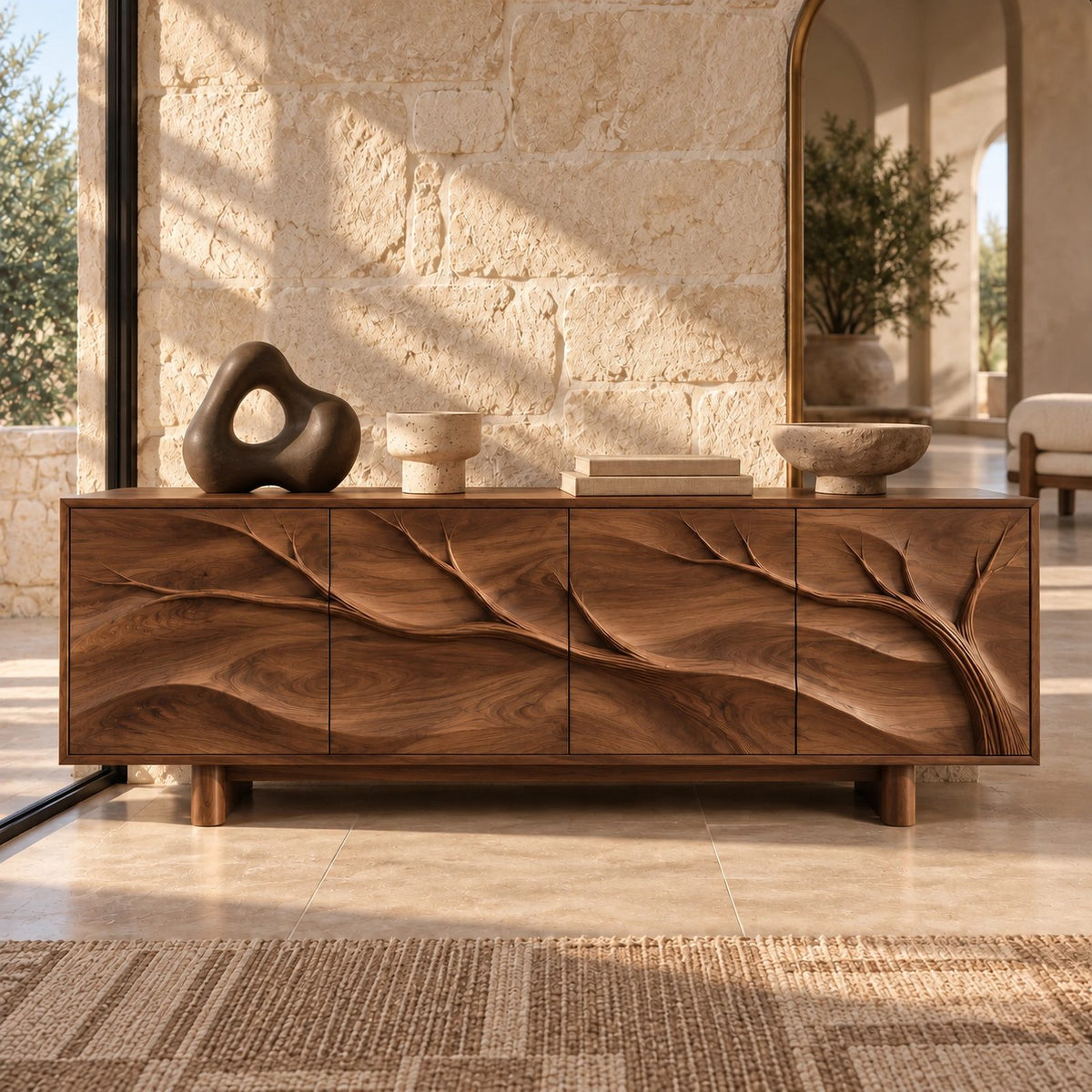 Handcrafted Branch Carved Sideboard With Cylinder Legs For Dining Room