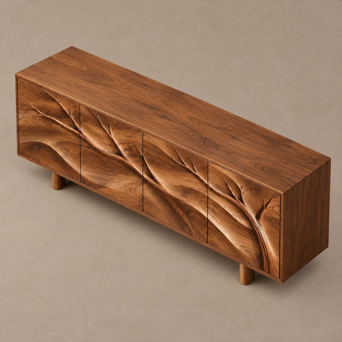 Handcrafted Branch Carved Sideboard With Cylinder Legs For Dining Room