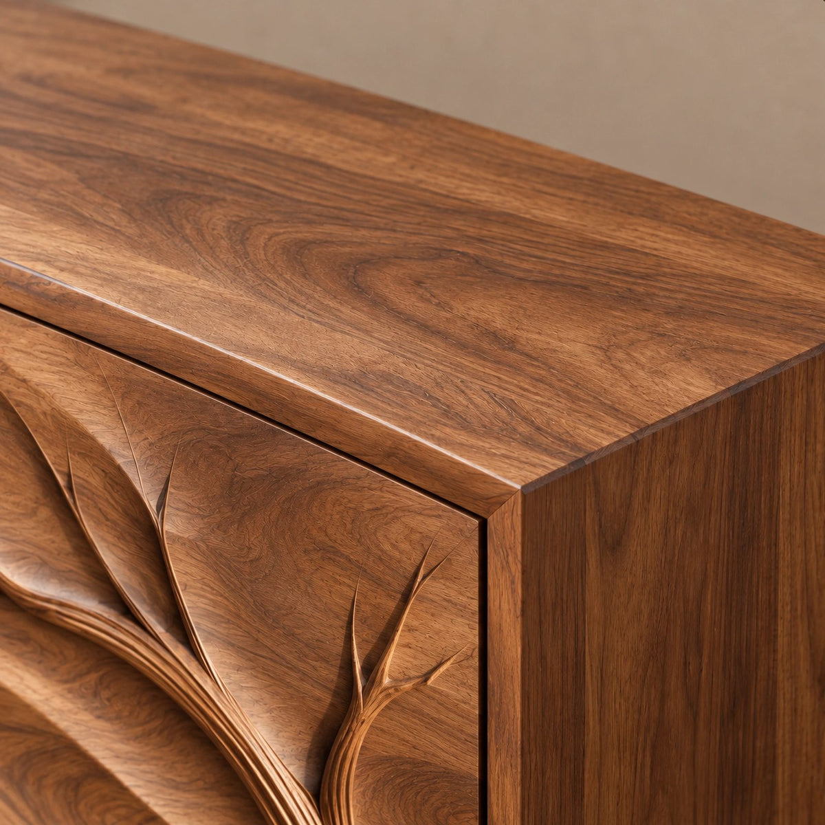 Handcrafted Branch Carved Sideboard With Cylinder Legs For Dining Room