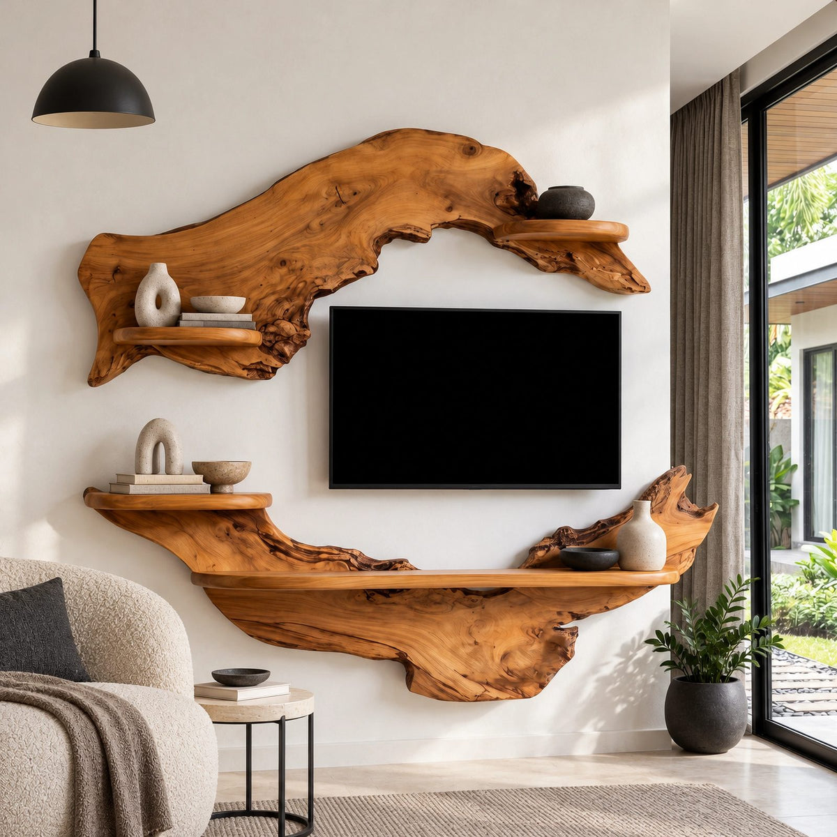 Rustic Live Edge Wall Mounted TV Stand With Open Shelves For Living Room