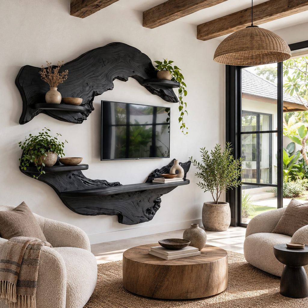 Rustic Live Edge Wall Mounted TV Stand With Open Shelves For Living Room