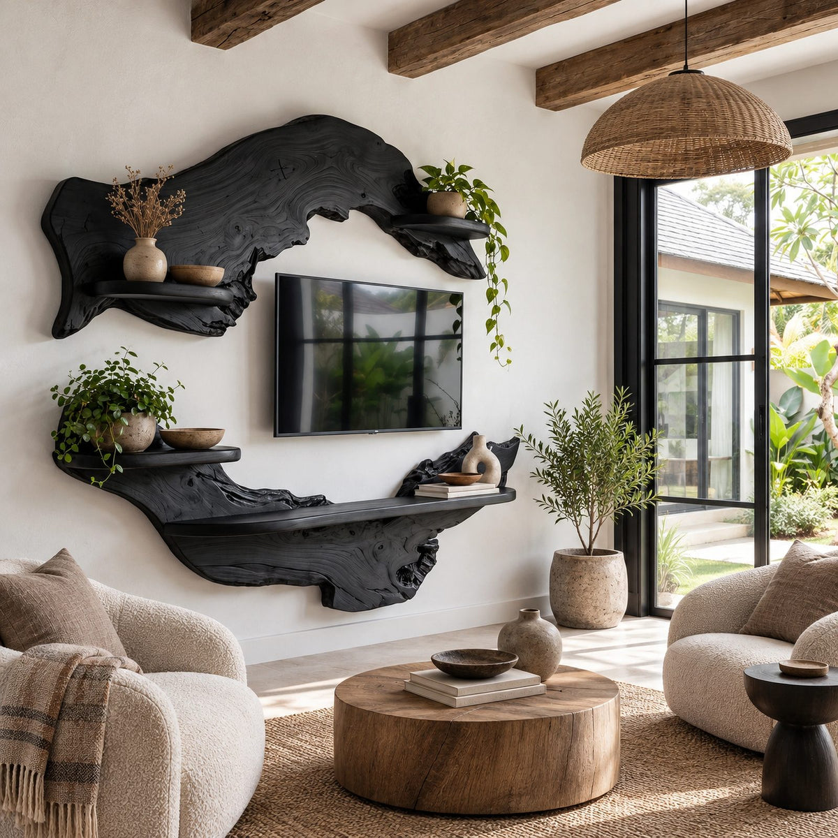 Rustic Live Edge Wall Mounted TV Stand With Open Shelves For Living Room