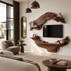 Rustic Live Edge Wall Mounted TV Stand With Open Shelves For Living Room