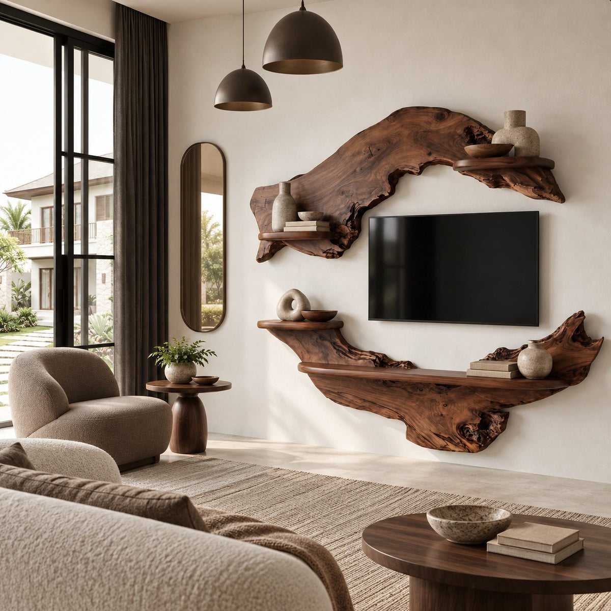 Rustic Live Edge Wall Mounted TV Stand With Open Shelves For Living Room