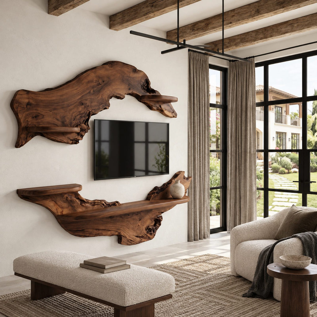 Rustic Live Edge Wall Mounted TV Stand With Open Shelves For Living Room