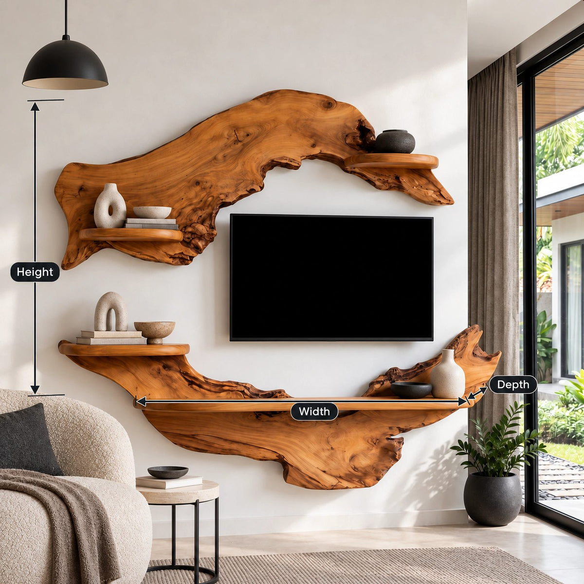 Rustic Live Edge Wall Mounted TV Stand With Open Shelves For Living Room
