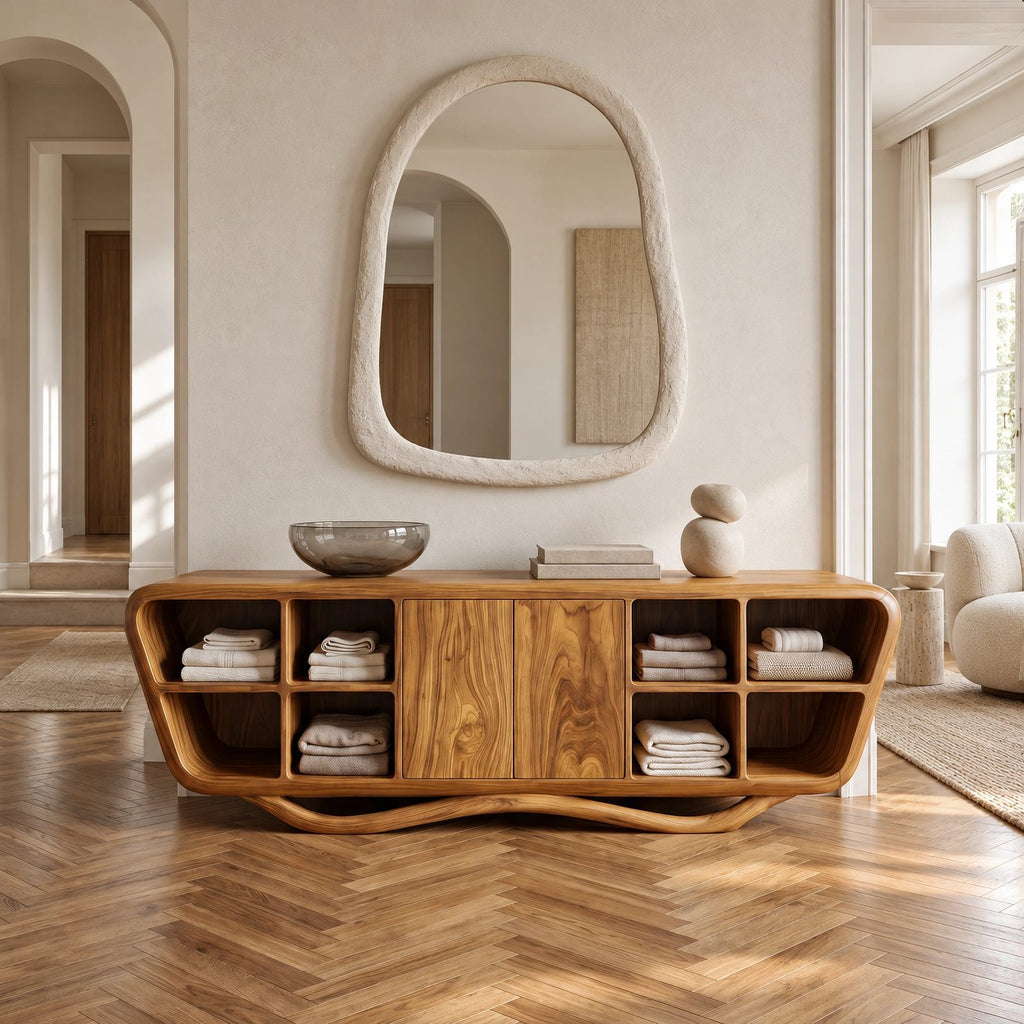 Contemporary Sculptural Sideboard With Open Shelf Cubbies For Entryway