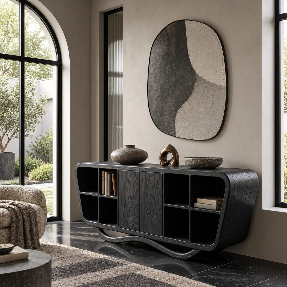 Contemporary Sculptural Sideboard With Open Shelf Cubbies For Entryway