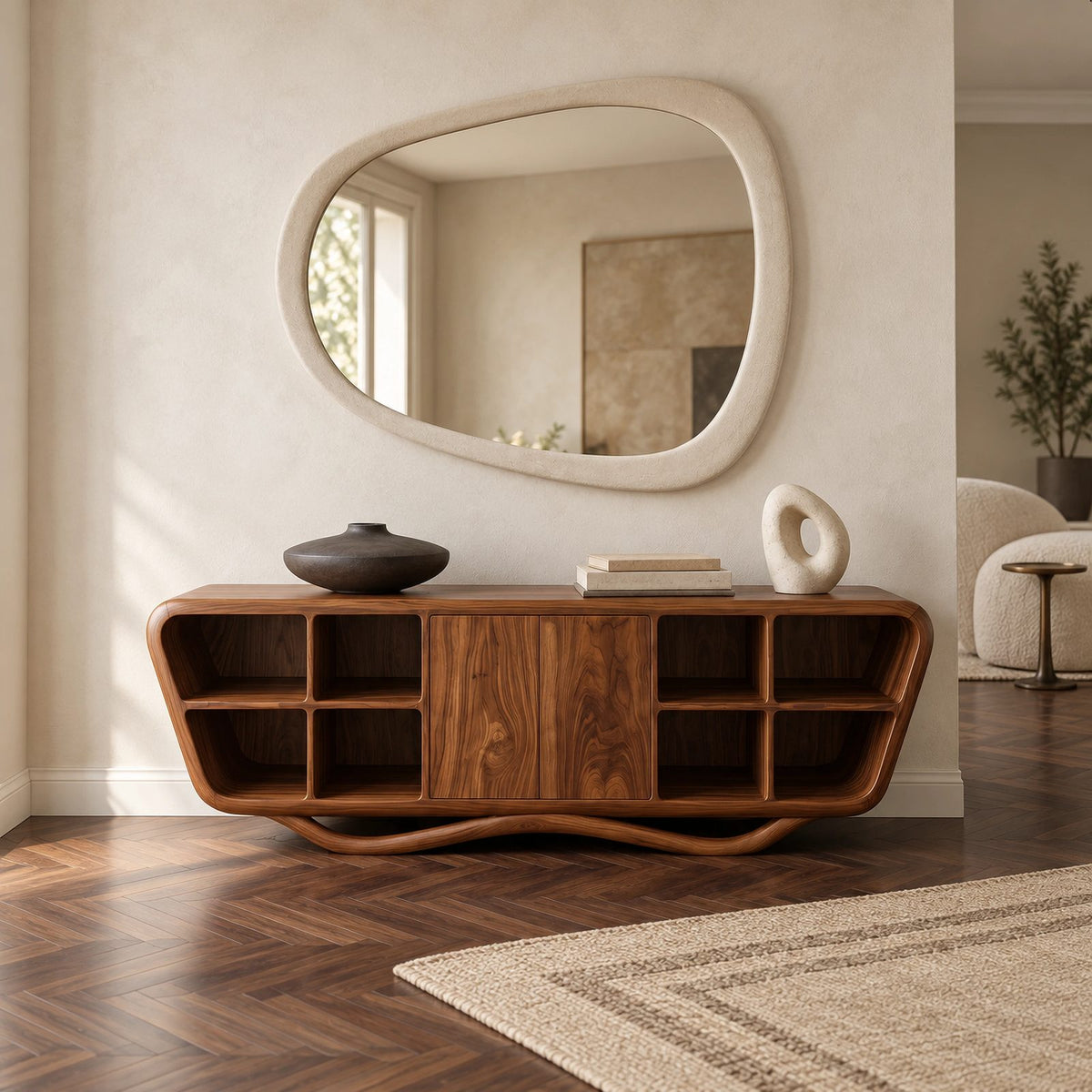 Contemporary Sculptural Sideboard With Open Shelf Cubbies For Entryway
