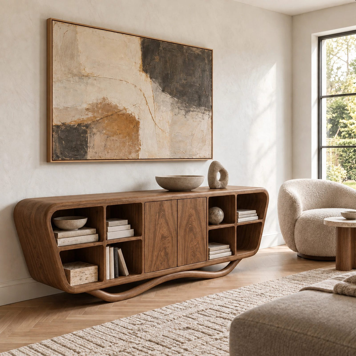 Contemporary Sculptural Sideboard With Open Shelf Cubbies For Entryway