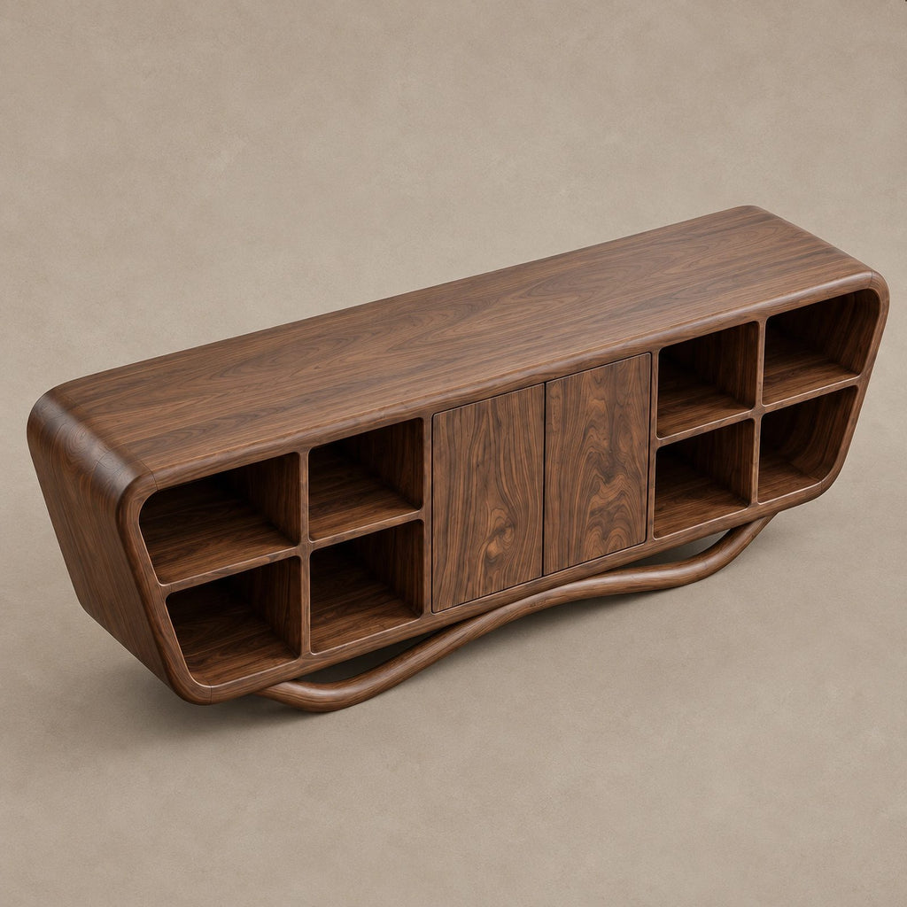 Contemporary Sculptural Sideboard With Open Shelf Cubbies For Entryway