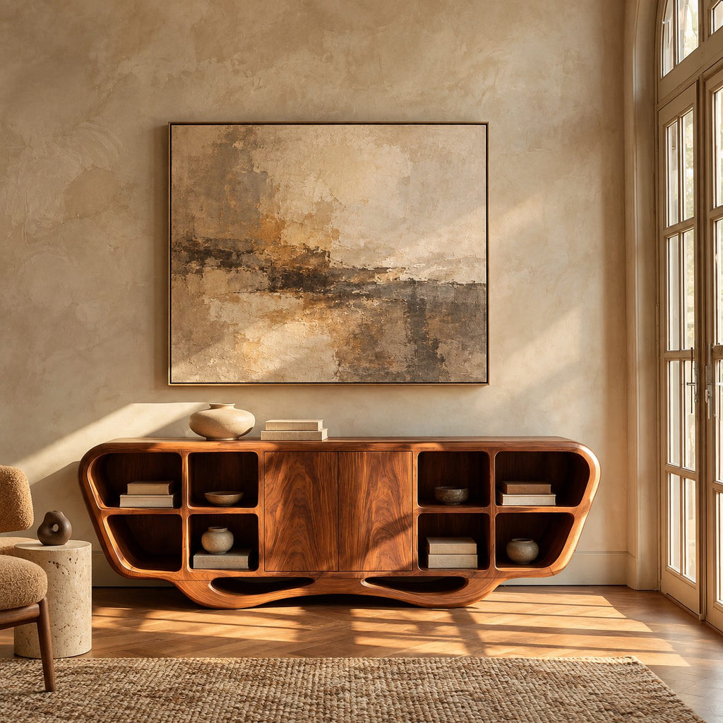 Modern Sculptural Sideboard With Open Display Cubbies For Living Room