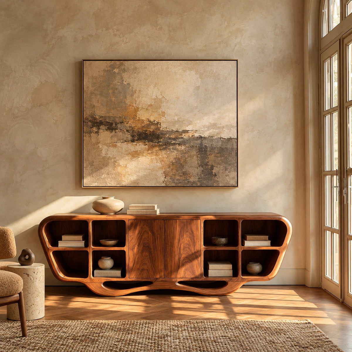 Modern Sculptural Sideboard With Open Display Cubbies For Living Room