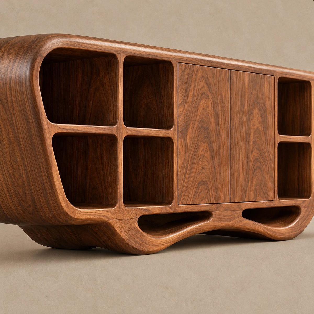 Modern Sculptural Sideboard With Open Display Cubbies For Living Room