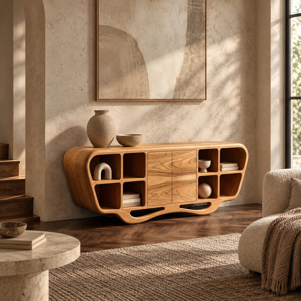 Modern Sculptural Sideboard With Open Display Cubbies For Living Room