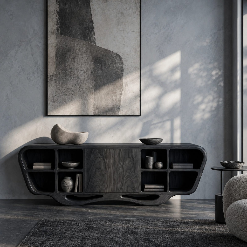 Modern Sculptural Sideboard With Open Display Cubbies For Living Room