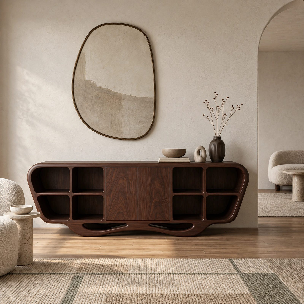 Modern Sculptural Sideboard With Open Display Cubbies For Living Room