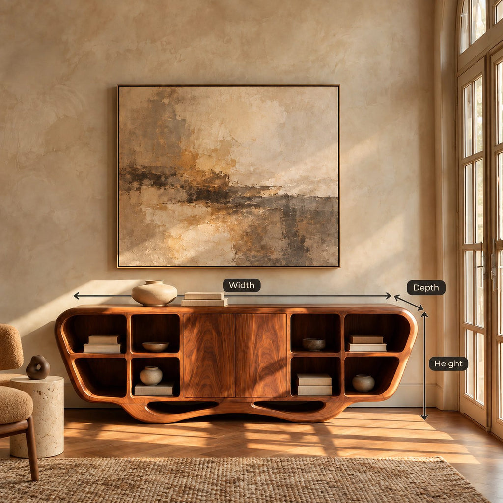 Modern Sculptural Sideboard With Open Display Cubbies For Living Room