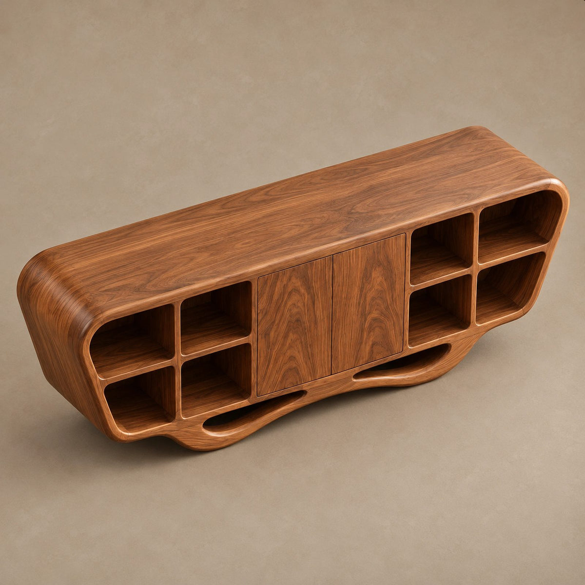 Modern Sculptural Sideboard With Open Display Cubbies For Living Room