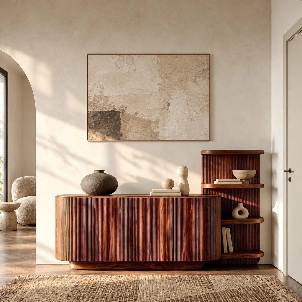 Contemporary Fluted Sideboard With Side Open Shelf For Living Room