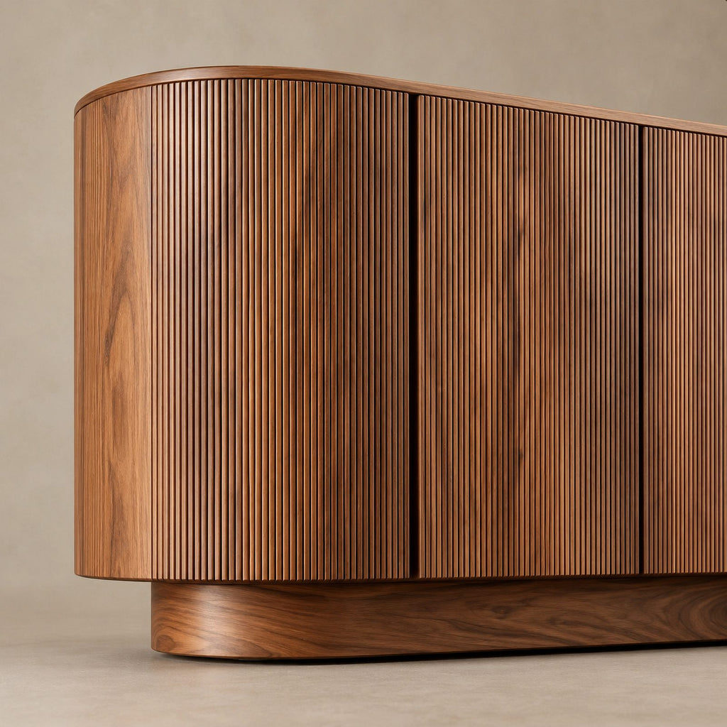 Contemporary Fluted Sideboard With Side Open Shelf For Living Room