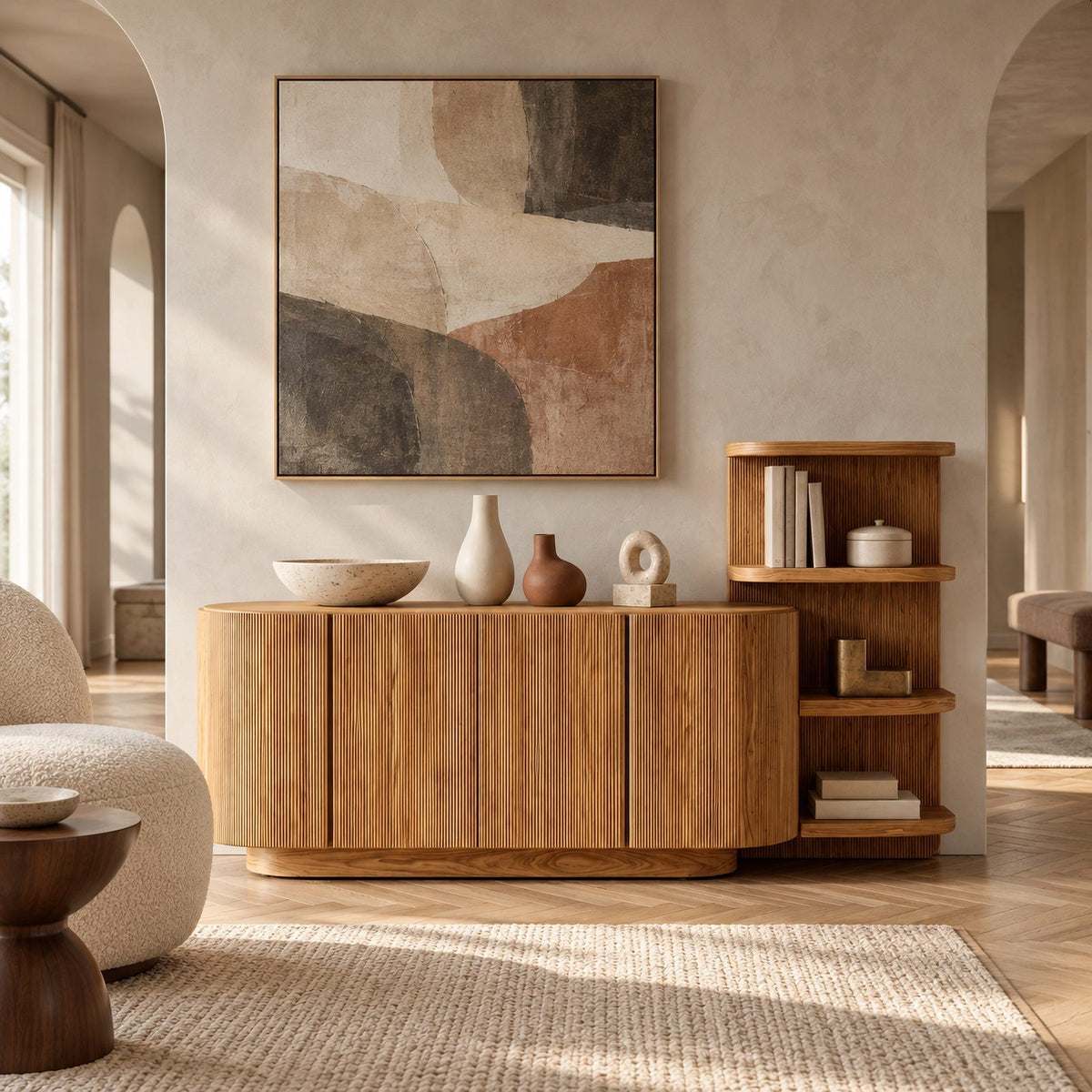 Contemporary Fluted Sideboard With Side Open Shelf For Living Room