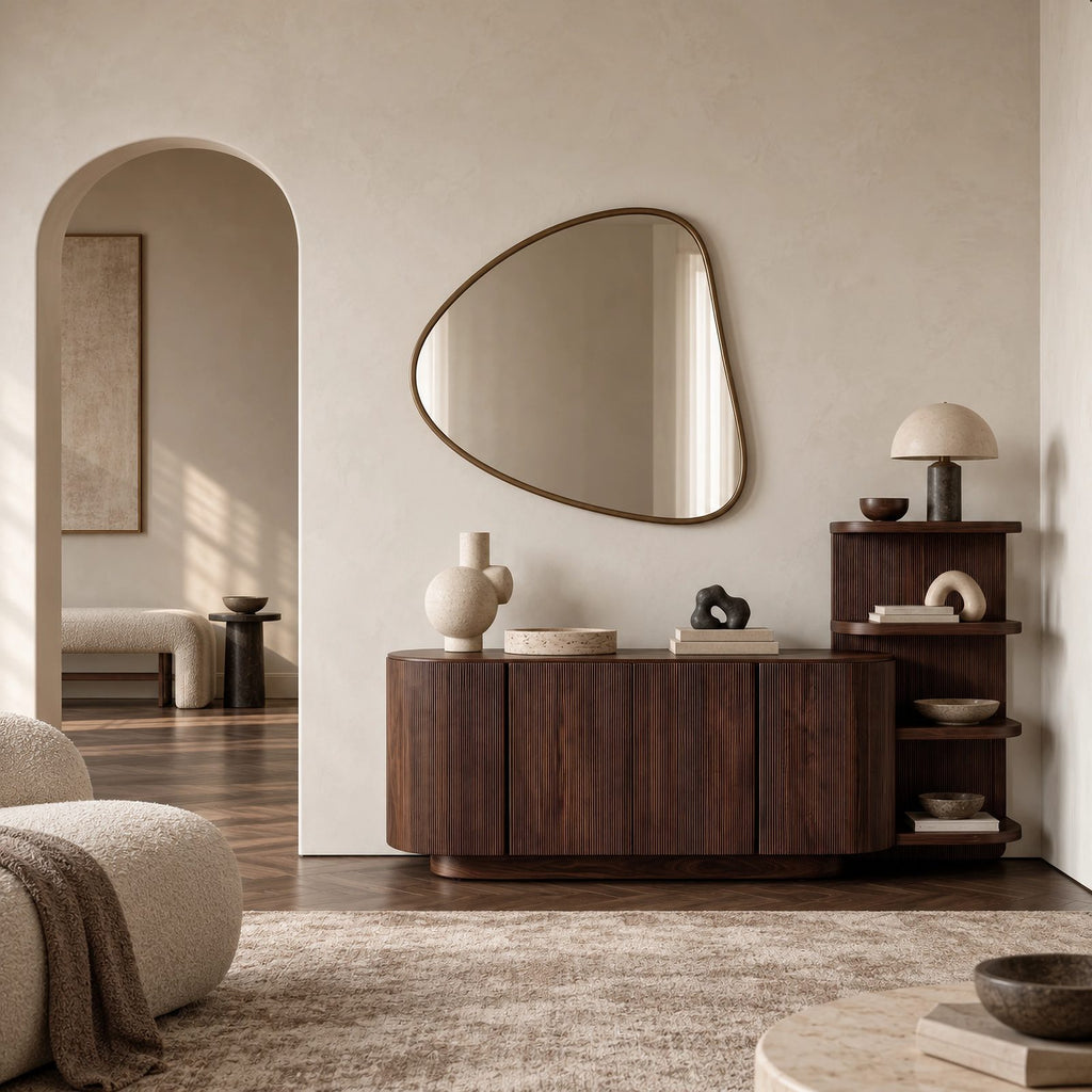 Contemporary Fluted Sideboard With Side Open Shelf For Living Room