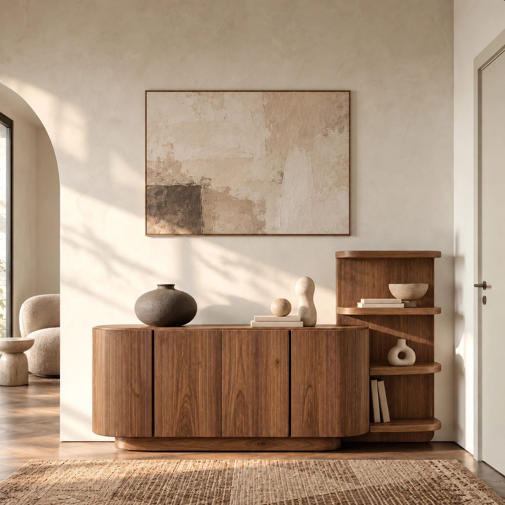 Contemporary Fluted Sideboard With Side Open Shelf For Living Room