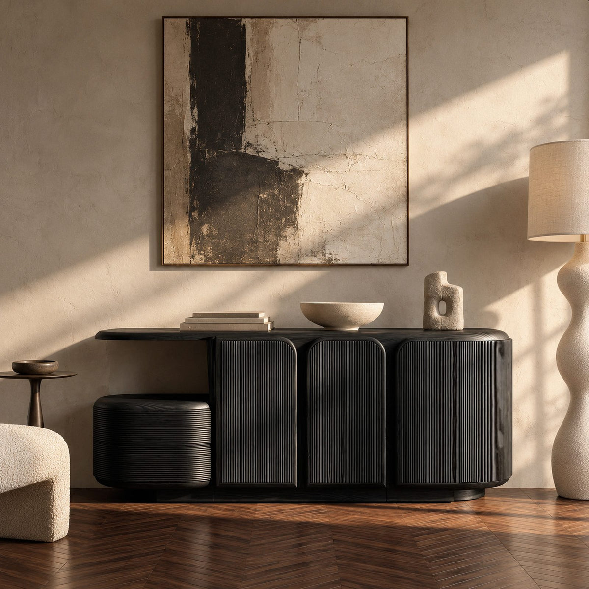 Modern Fluted Wood Sideboard With Rounded Silhouette For Hallway