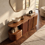 Modern Fluted Wood Sideboard With Rounded Silhouette For Hallway