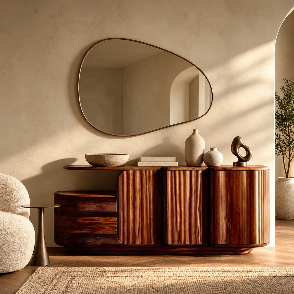 Contemporary Fluted Sideboard With Open Display Shelf For Entryway