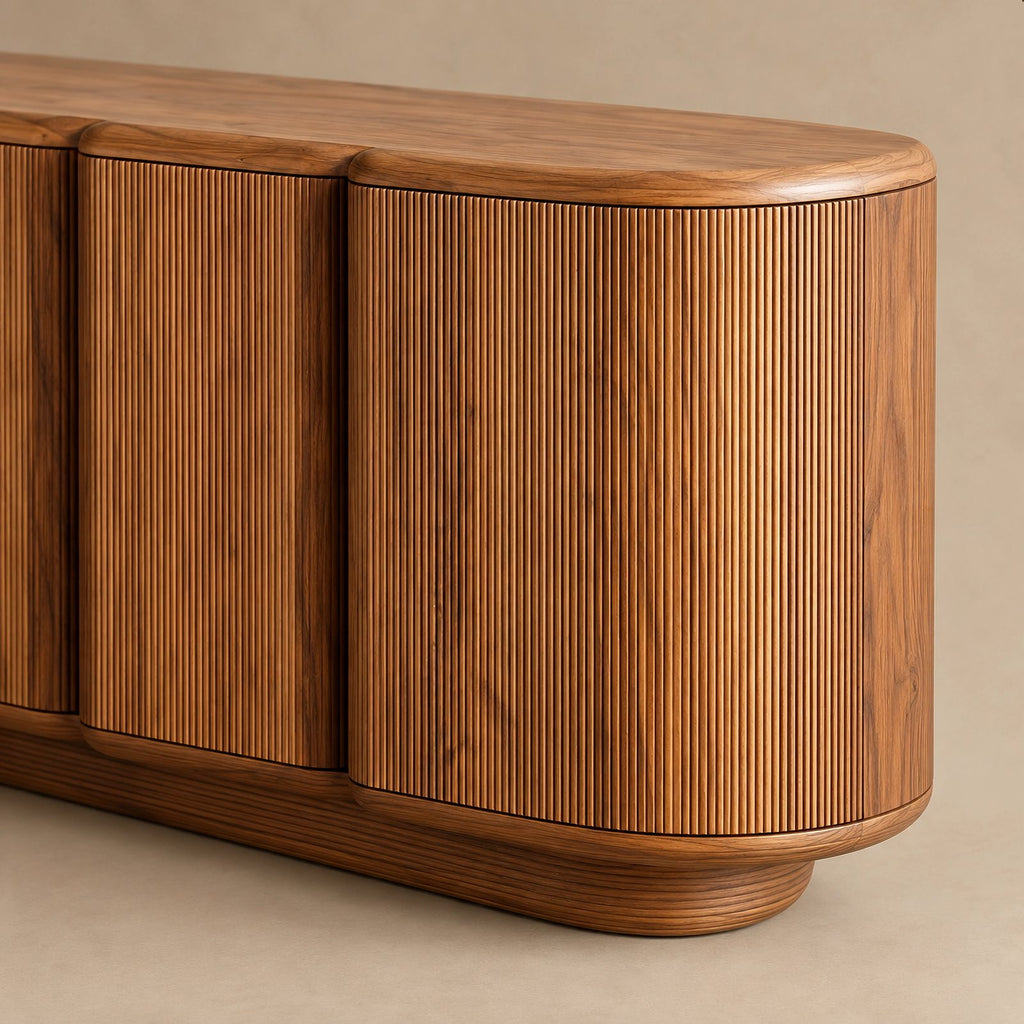 Contemporary Fluted Sideboard With Open Display Shelf For Entryway