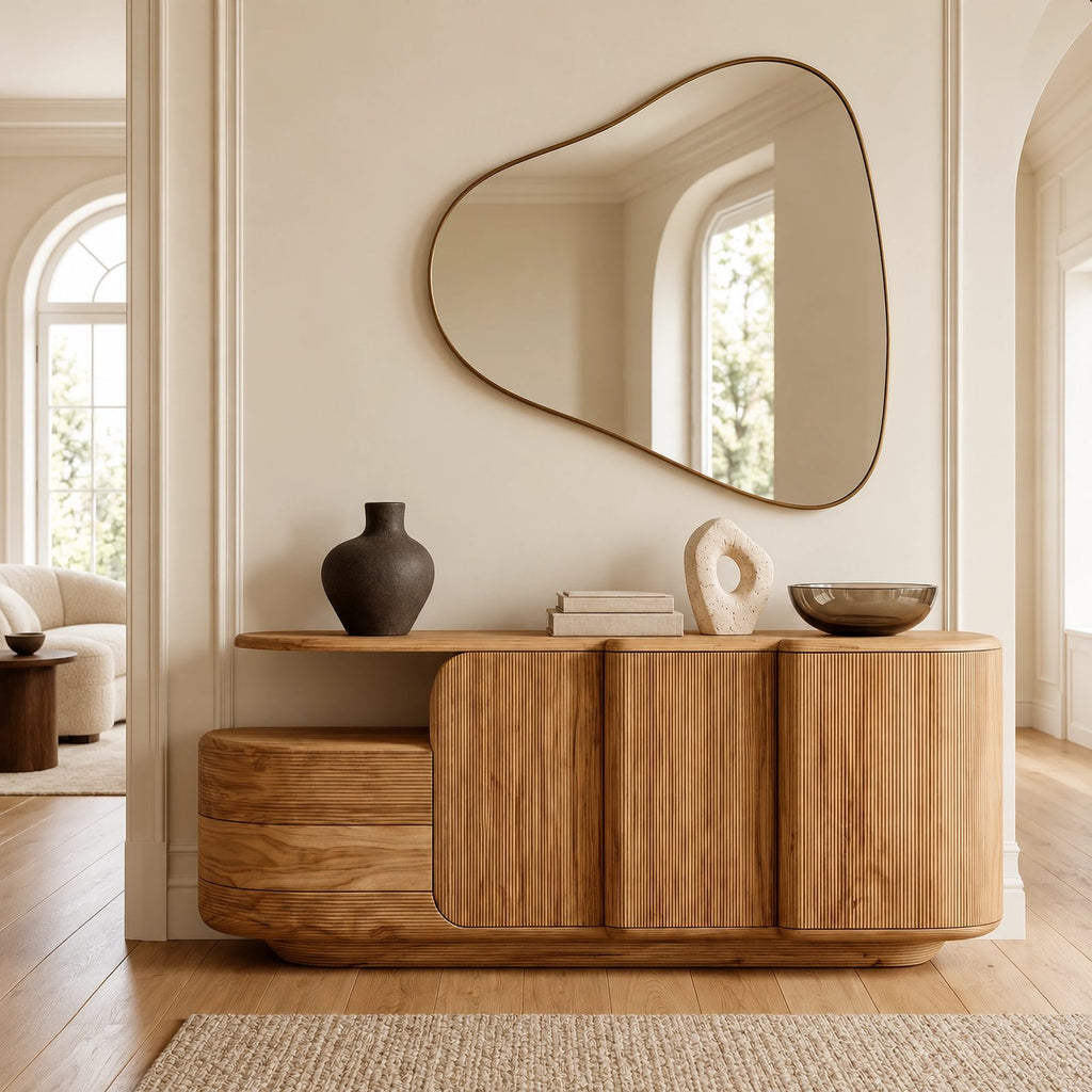 Contemporary Fluted Sideboard With Open Display Shelf For Entryway