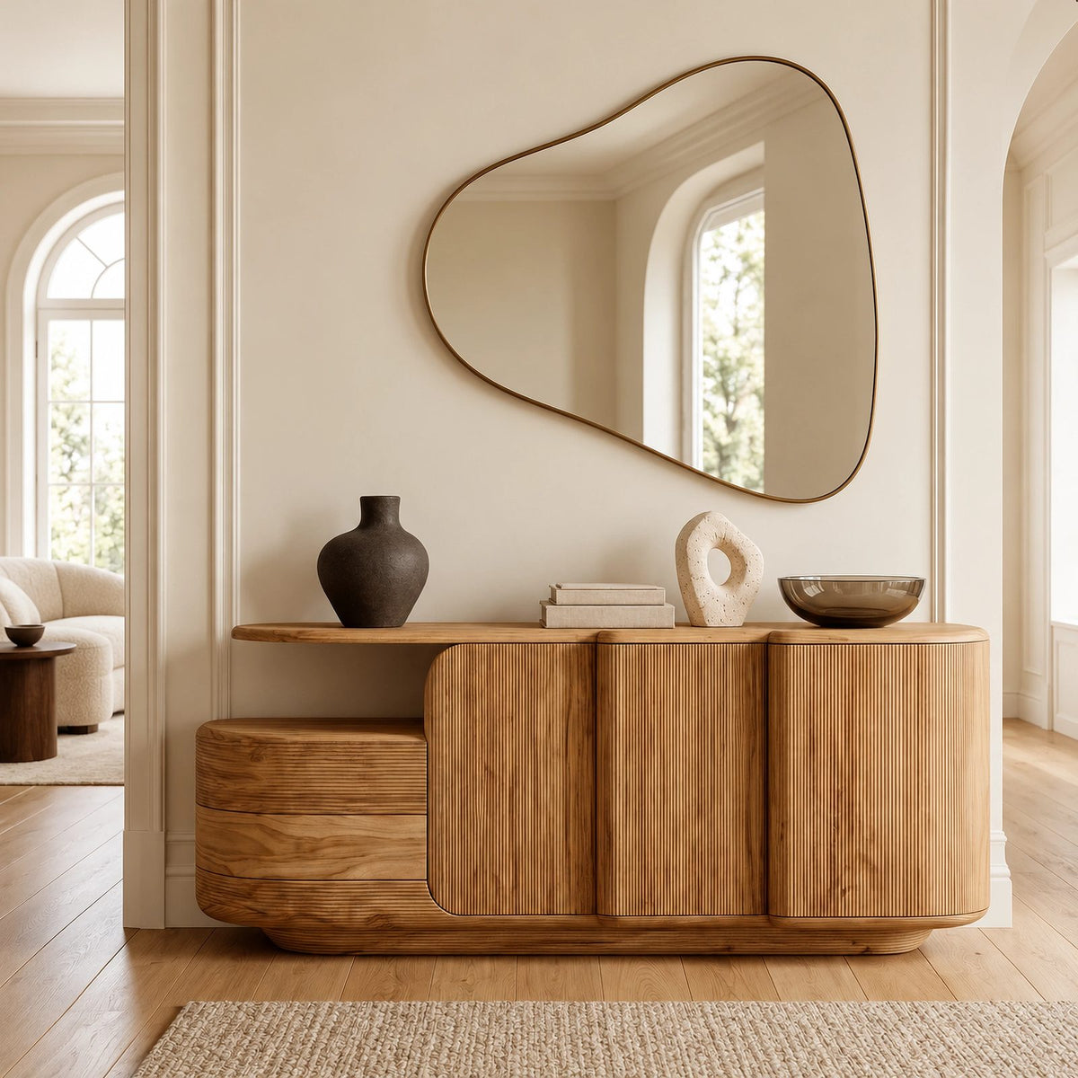 Contemporary Fluted Sideboard With Open Display Shelf For Entryway