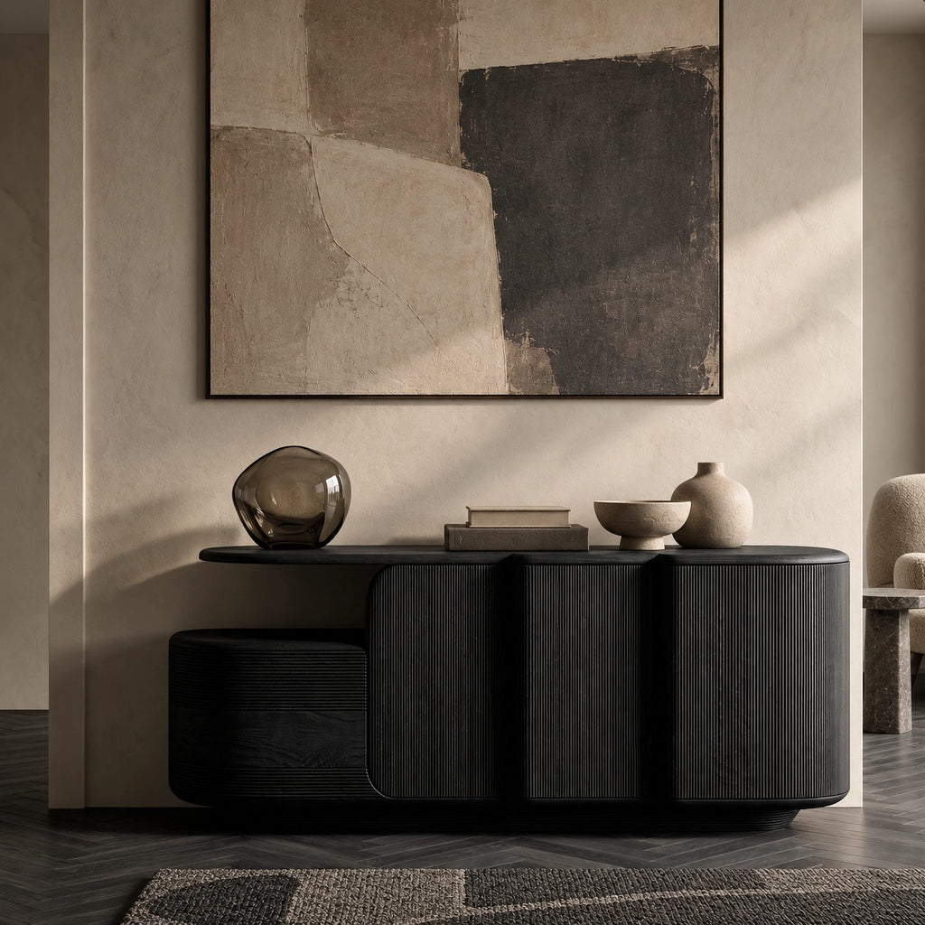 Contemporary Fluted Sideboard With Open Display Shelf For Entryway