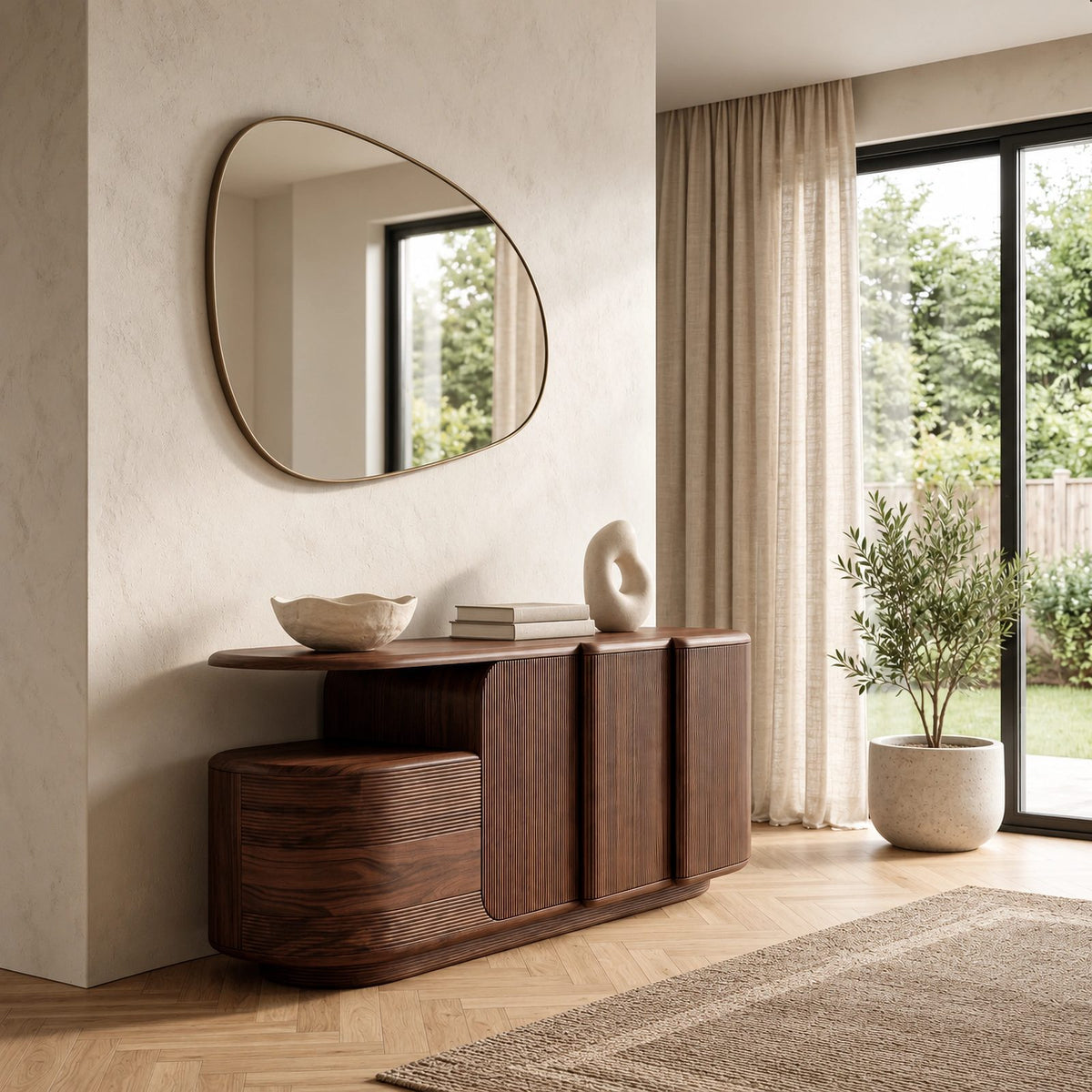 Contemporary Fluted Sideboard With Open Display Shelf For Entryway