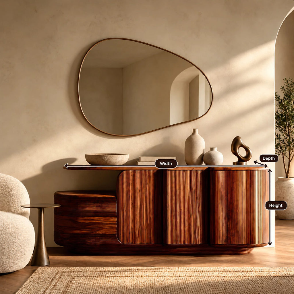 Contemporary Fluted Sideboard With Open Display Shelf For Entryway
