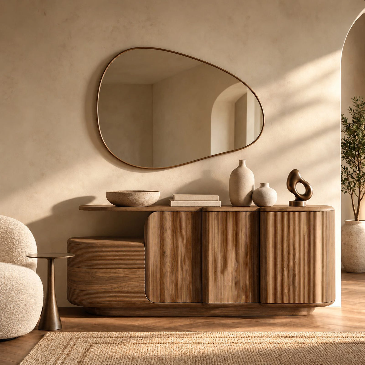 Contemporary Fluted Sideboard With Open Display Shelf For Entryway