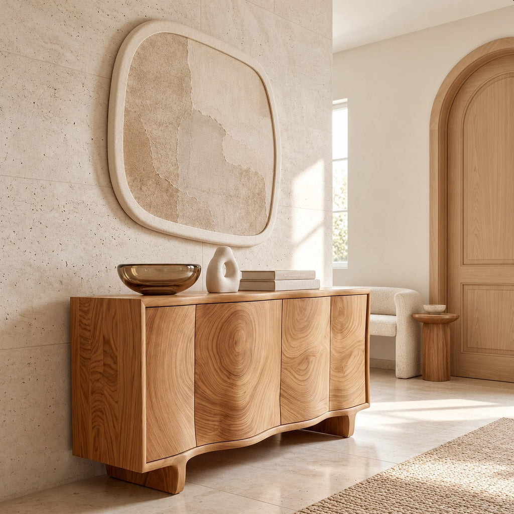 Contemporary Sculpted Sideboard With Flowing Wood Grain For Living Room