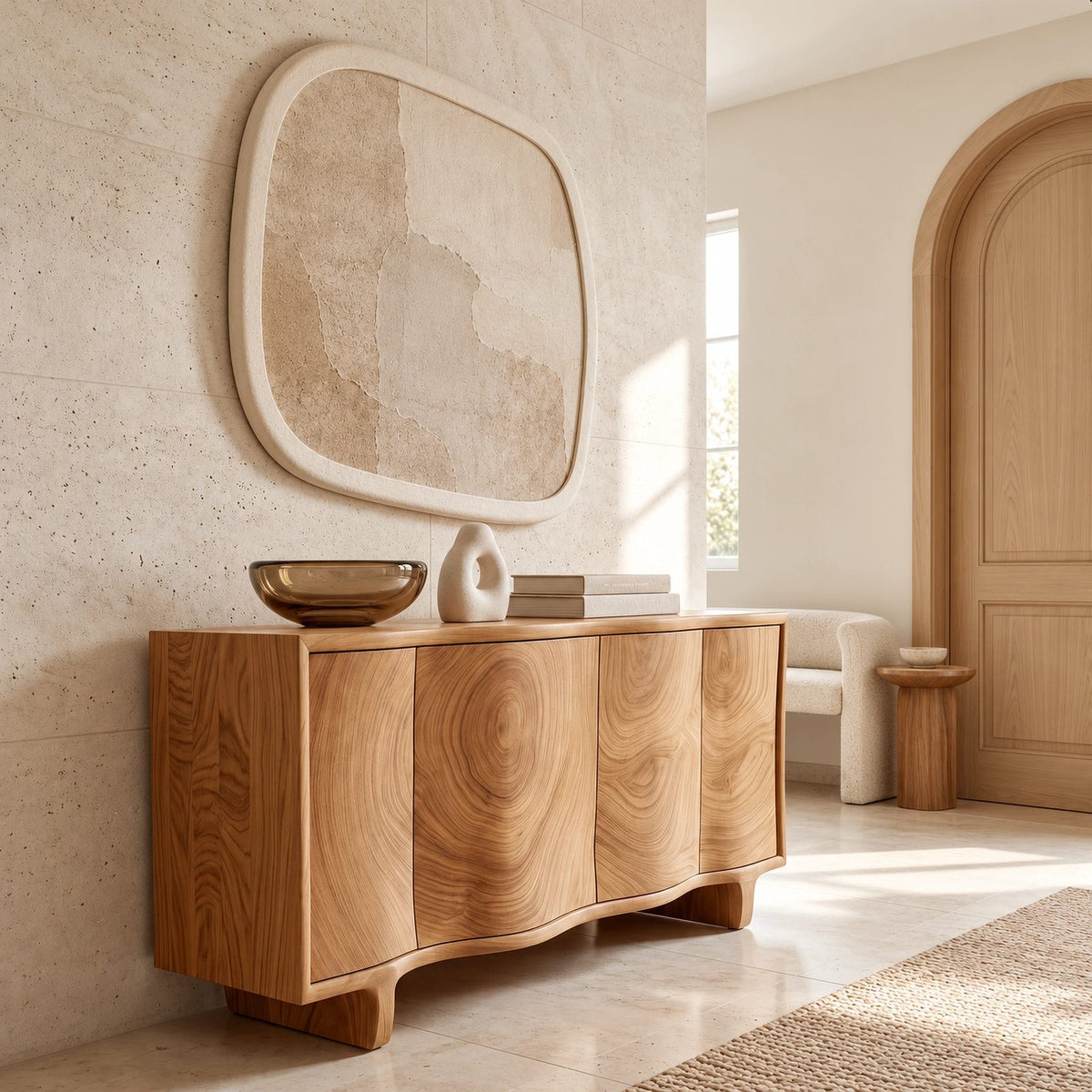 Contemporary Sculpted Sideboard With Flowing Wood Grain For Living Room