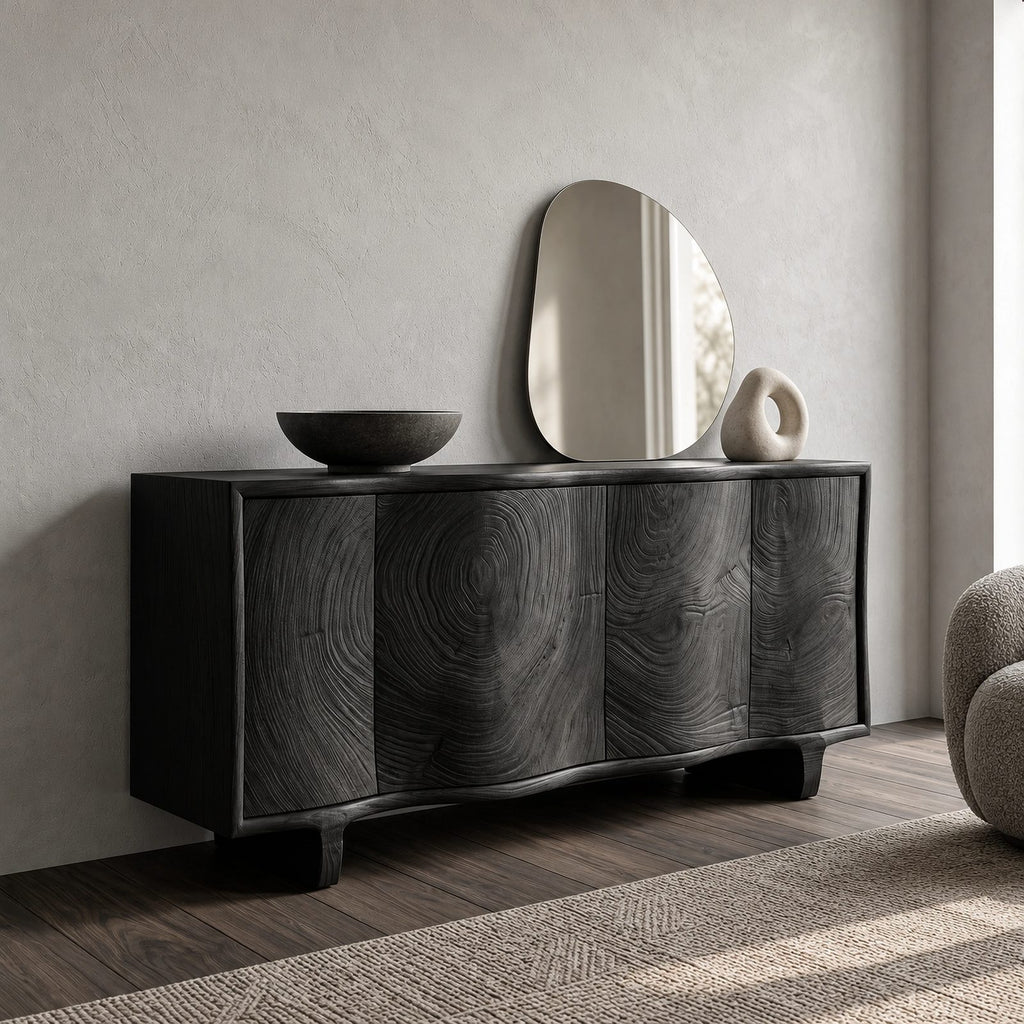 Contemporary Sculpted Sideboard With Flowing Wood Grain For Living Room