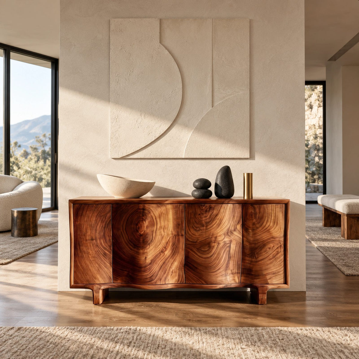 Contemporary Sculpted Sideboard With Flowing Wood Grain For Living Room