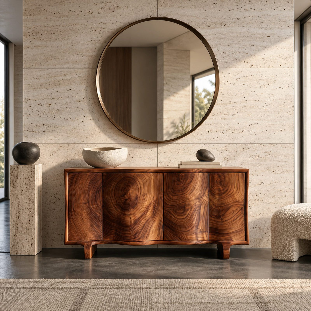 Contemporary Sculpted Sideboard With Flowing Wood Grain For Living Room
