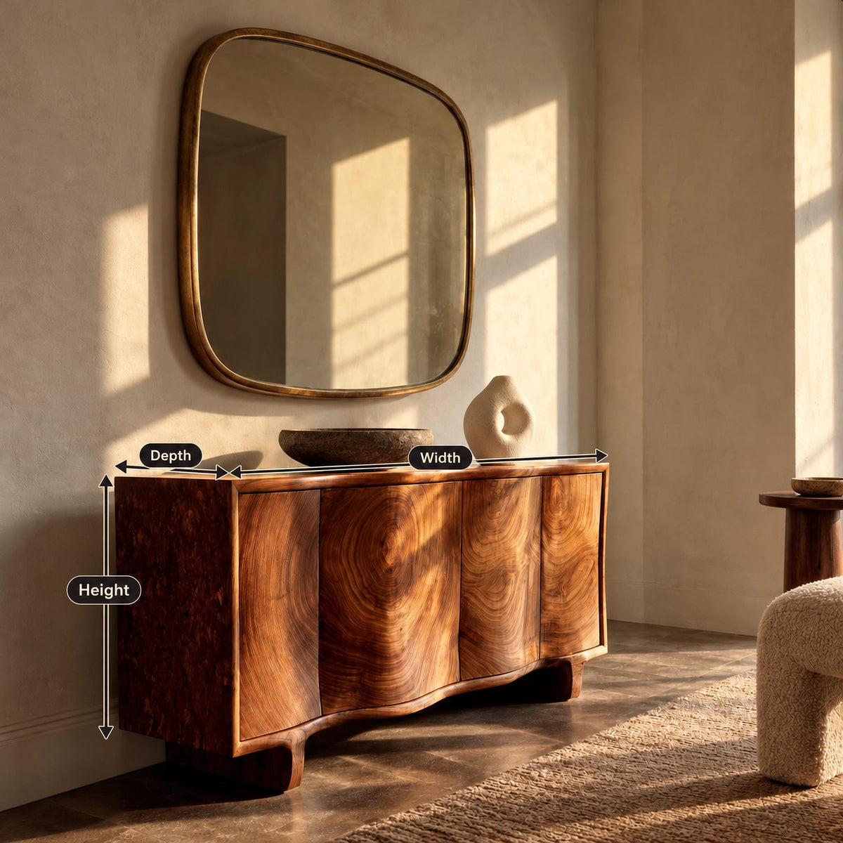 Contemporary Sculpted Sideboard With Flowing Wood Grain For Living Room