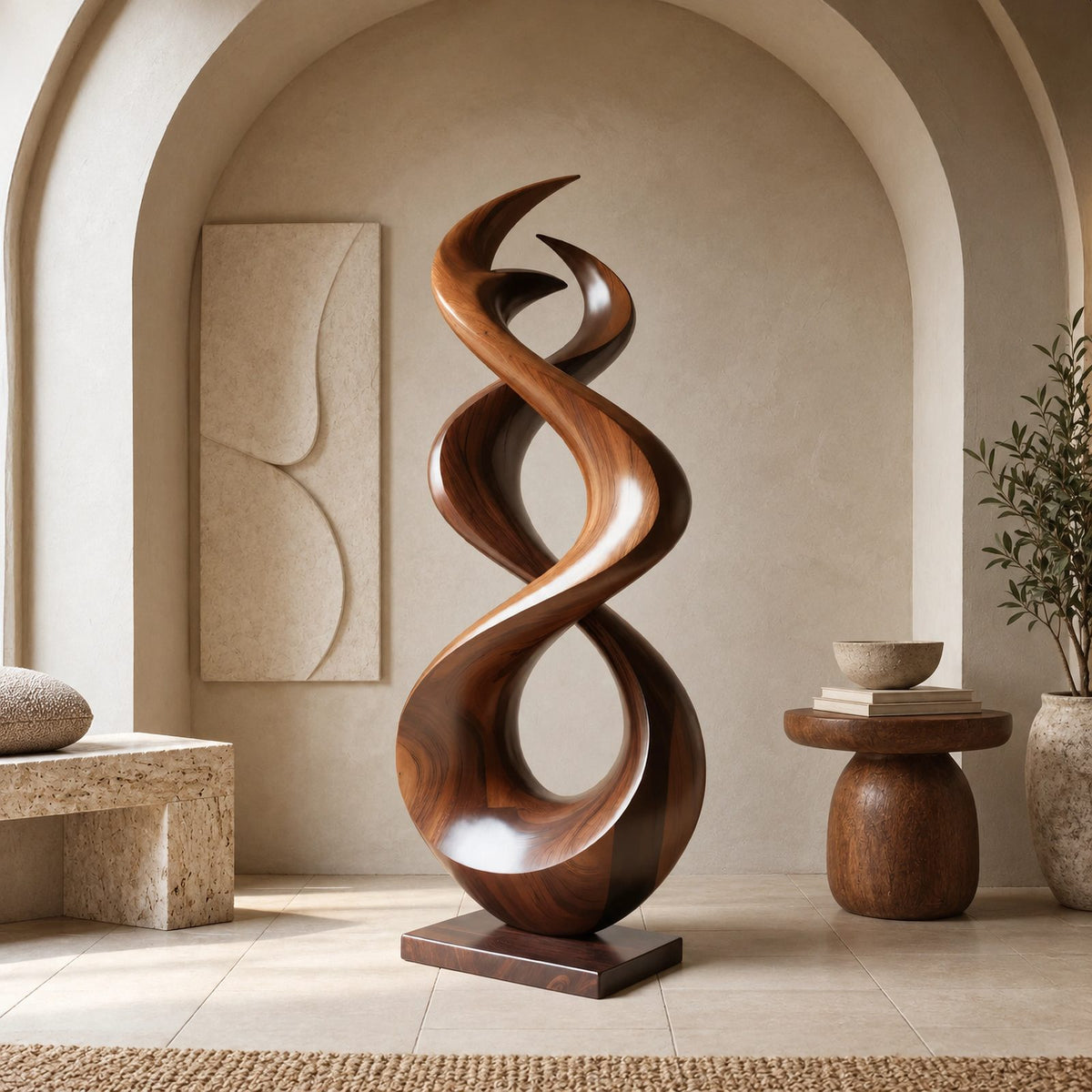 Modern Wood Sculpture With Interlocking Double Loop Form For Living Room