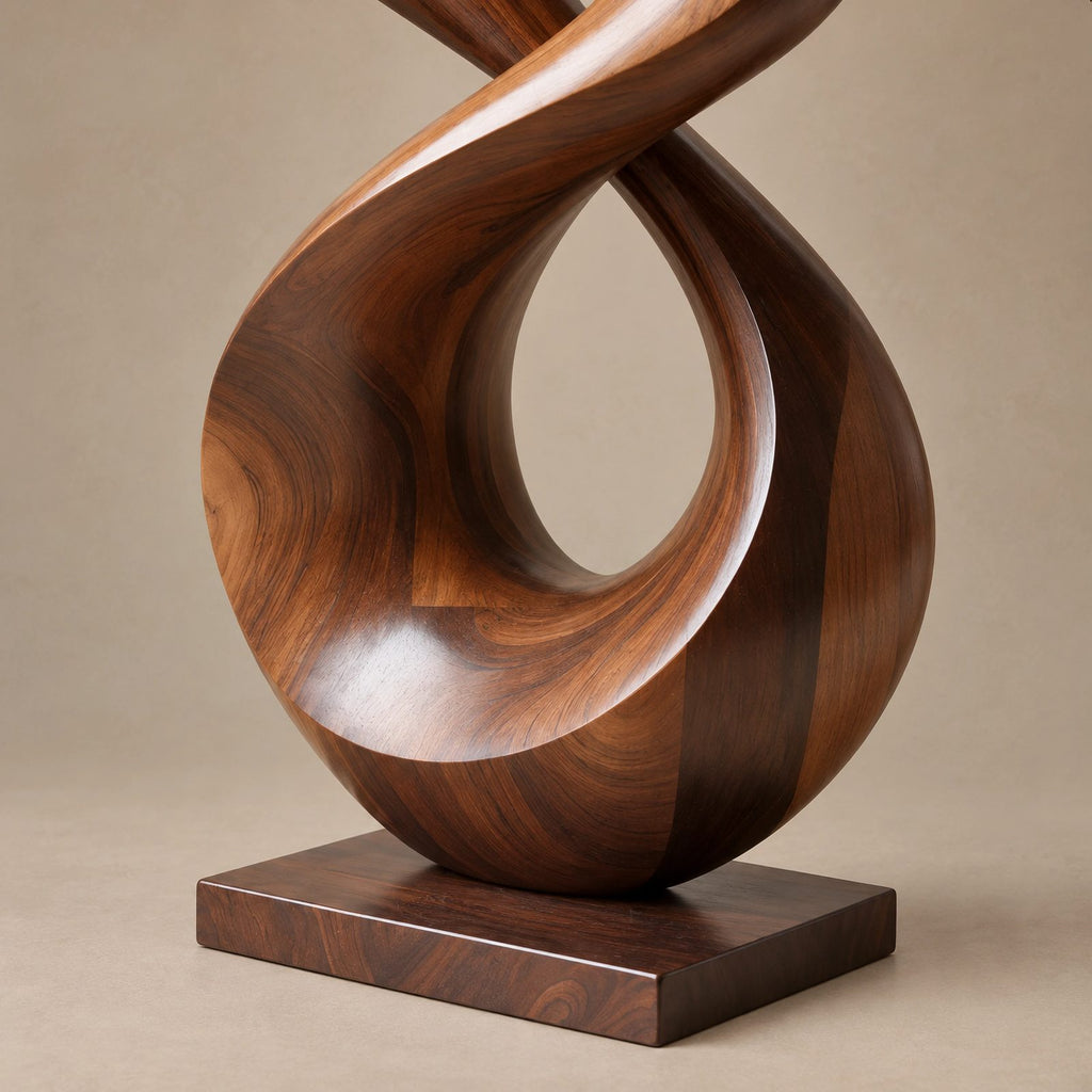 Modern Wood Sculpture With Interlocking Double Loop Form For Living Room